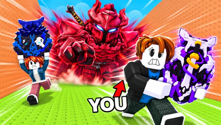 Steal Anime Eggs Roblox chase art with avatars fleeing a towering red armored boss while carrying ornate purple and blue eggs