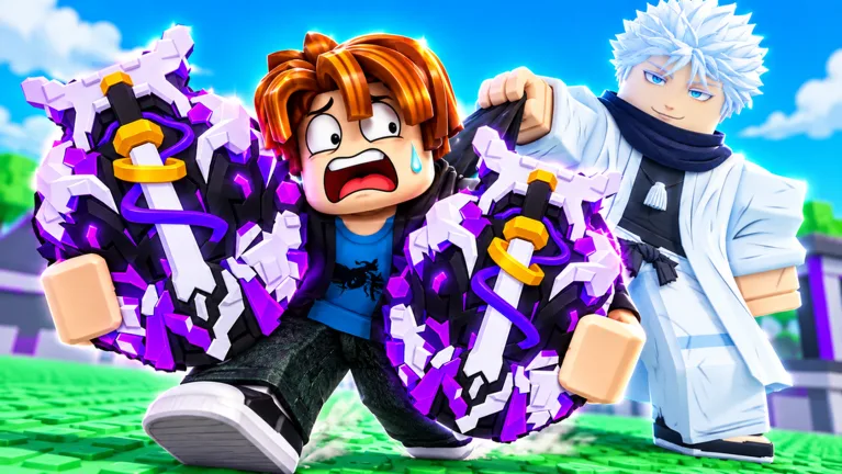 Roblox Steal Anime Eggs promo thumbnail showing a panicked avatar holding two dark purple patterned eggs while a white-robed pursuer grabs their hood on green grid turf