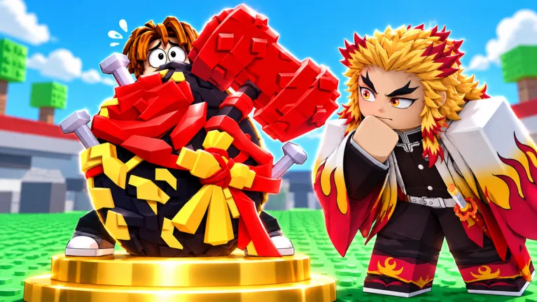 Official Roblox thumbnail of a cracked black festive egg on a gold pedestal with a spiked hammer beside blocky avatars on a studded green baseplate